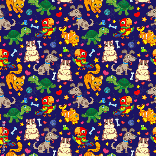 Seamless pattern with cute Pets, bright animals on blue background
