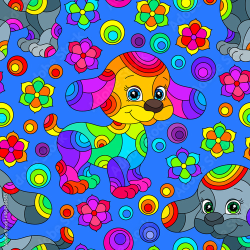 Seamless pattern with bright cartoon dogs and flowers in stained glass style on a blue background