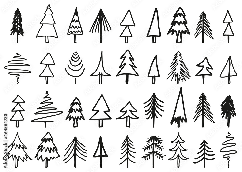 Obraz premium Doodle christmas tree collection. Hand drawn, vector fir tree bundle.