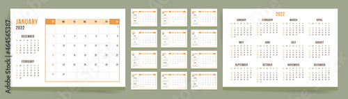 Calendar template for 2022 year. Week starts on Sunday. Desktop planner in minimal asian style. Corporate or business calendar. 2022 calendar in minimalist oriental style for. English vector calendar.