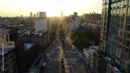 Aerial of the sun rising over the Lower East Side in Manhattan, New York City. October 2021. photo