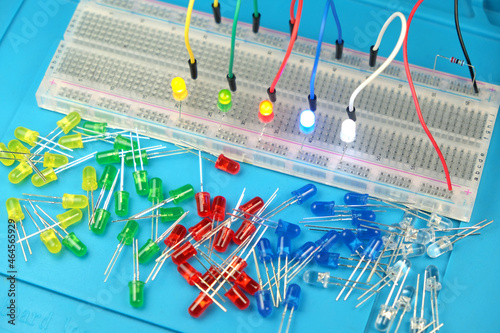 Micro electronics arduino DIY components on a light background, top view, copy space. Microcontrollers, boards, sensors, leds, controllers