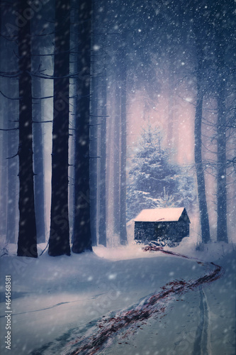 lonely cabin of a maniac in a gloomy snowy winter forest and a bloody trail leading to it