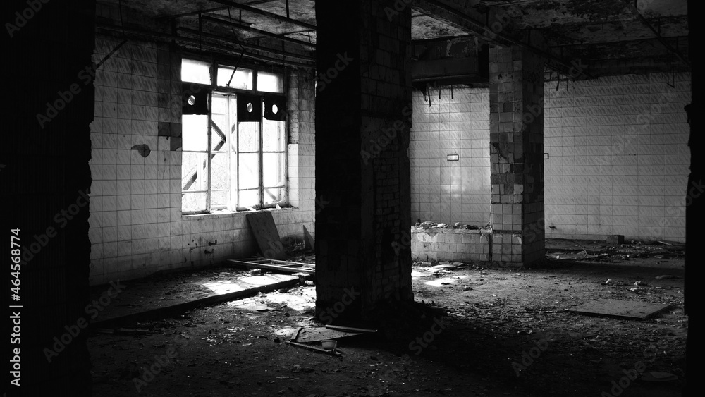 monochrome. horror, halloween. old abandoned premises, ruin. empty territories, abandoned houses. concept of war, Chernobyl disaster. sad view heavy atmosphere. desolation and destruction of the abode