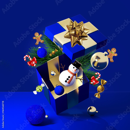 3d render,  blue background with Christmas ornaments and gifts. Abstract winter holiday horizontal banner