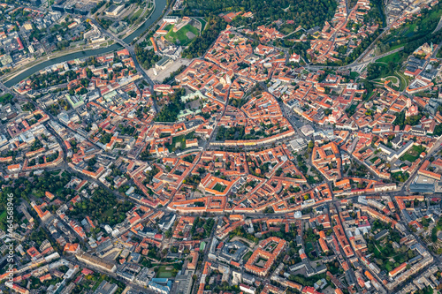 Scenic view on central part of Vilnius capital of Lithuania from hot air balloon. Old Town view from the sky