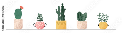 Trendy collection of home cute cactus plants in flowerpots pack icons. Set of mini cacti succulent plants in pots modern illustrations. Cozy vector decoration elements in flat swiss graphic style.
