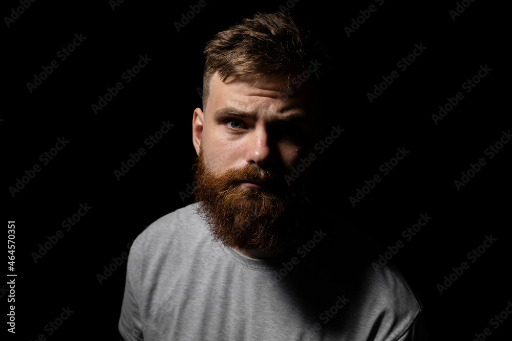 Close-up portrait of a handsome a brunette brutal bearded man in a grey t-shirt. Stylish and handsome man with a beard. Close-up portrait of a handsome a brunette brutal bearded man in a grey t-shirt. Stylish and handsome man with a beard.