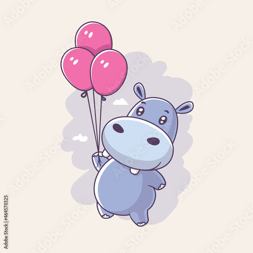 Cute hippo kawaii cartoon character flying with balloons vector illustration