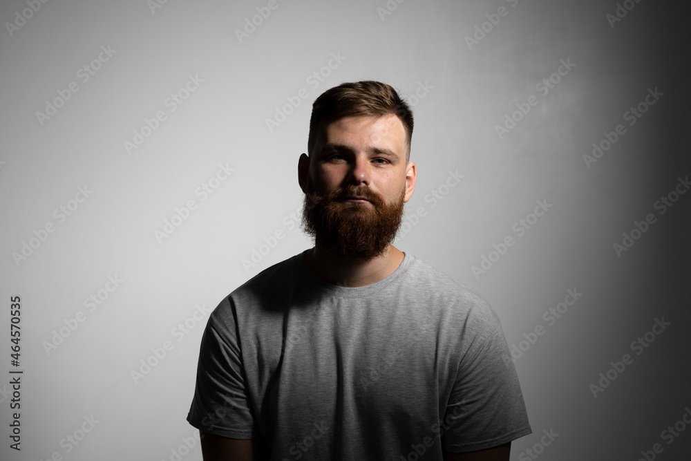 Close-up portrait of a handsome a brunette brutal bearded man in a grey t-shirt. Stylish and handsome man with a beard. Close-up portrait of a handsome a brunette brutal bearded man in a grey t-shirt. Stylish and handsome man with a beard.