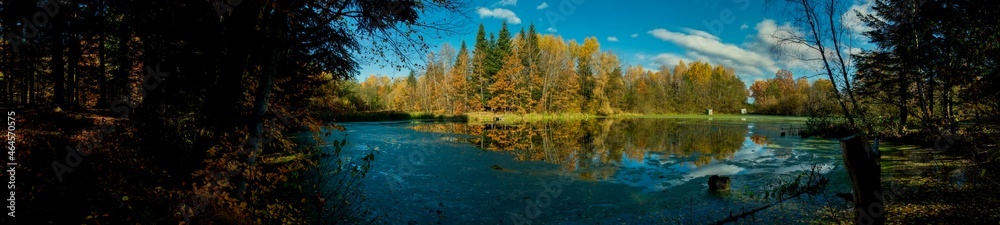 Panorama of autumn lake. Mirror reflection in water, blue sky.