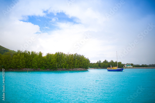 Beautiful nature of the sea tropical landscape. Exotic tropical nature of the Seychelles, a white beach surrounded by palm trees and granite rocks.