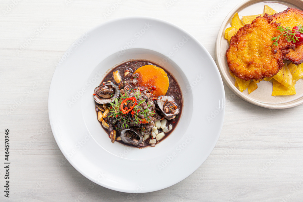 Black ceviche with shell, very typical in Peru. on white plate.
Black ceviche with shell, very typical in Peru. on white plate.