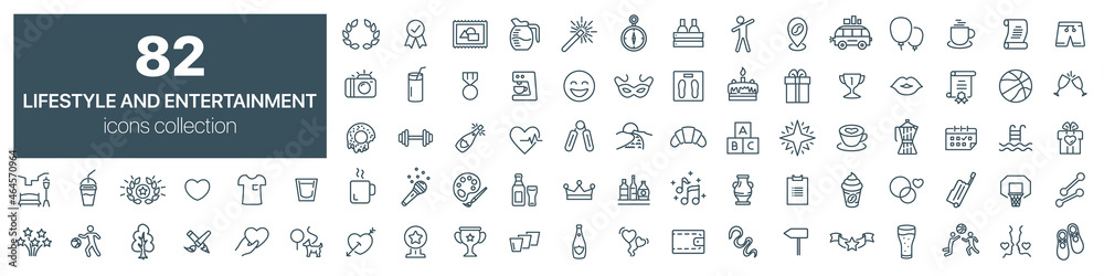 Lifestyle and entertainment line icons collection. Vector illustration eps10 - obrazy, fototapety, plakaty 