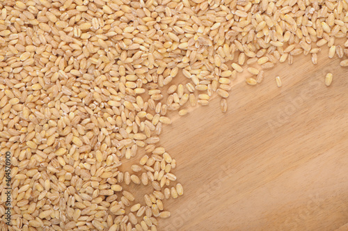 pile of raw barley, natural grain on wooden background,  cereal backdrop, brown yellow beige colour, textured backgrounds,