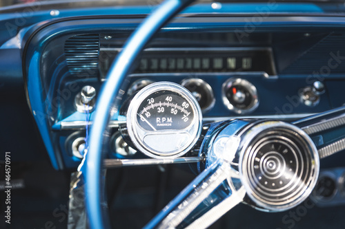 Vintage car dashboard and steering wheel