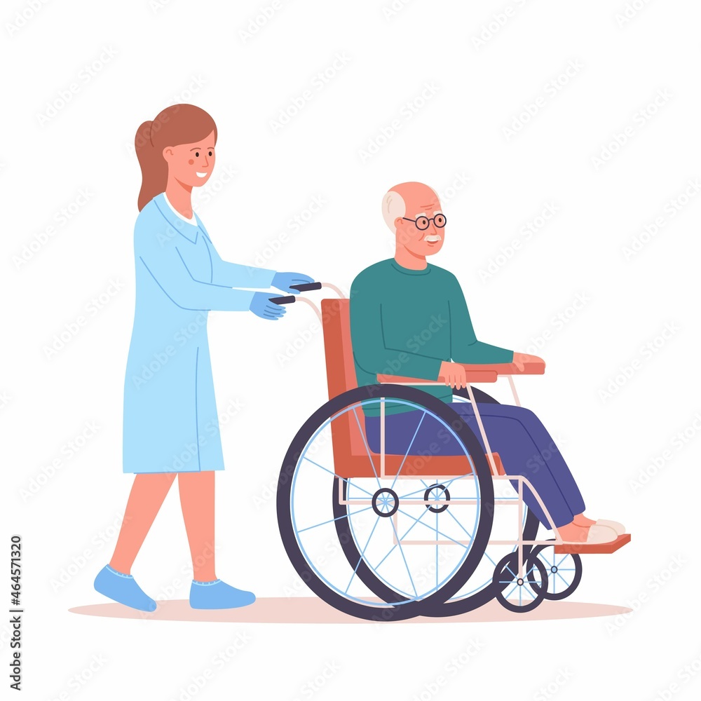 Elderly people support. Vector illustration of senior man in a wheelchair and a nurse helping him. Isolated on white. Elderly people support. Vector illustration of senior man in a wheelchair and a nurse helping him. Isolated on white.