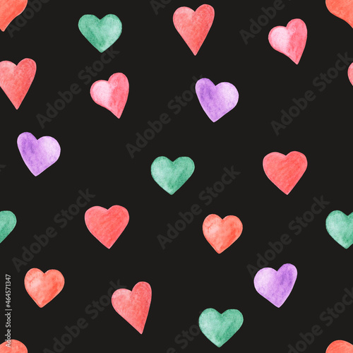 The pattern is seamless with colored hearts drawn with watercolor pencils
