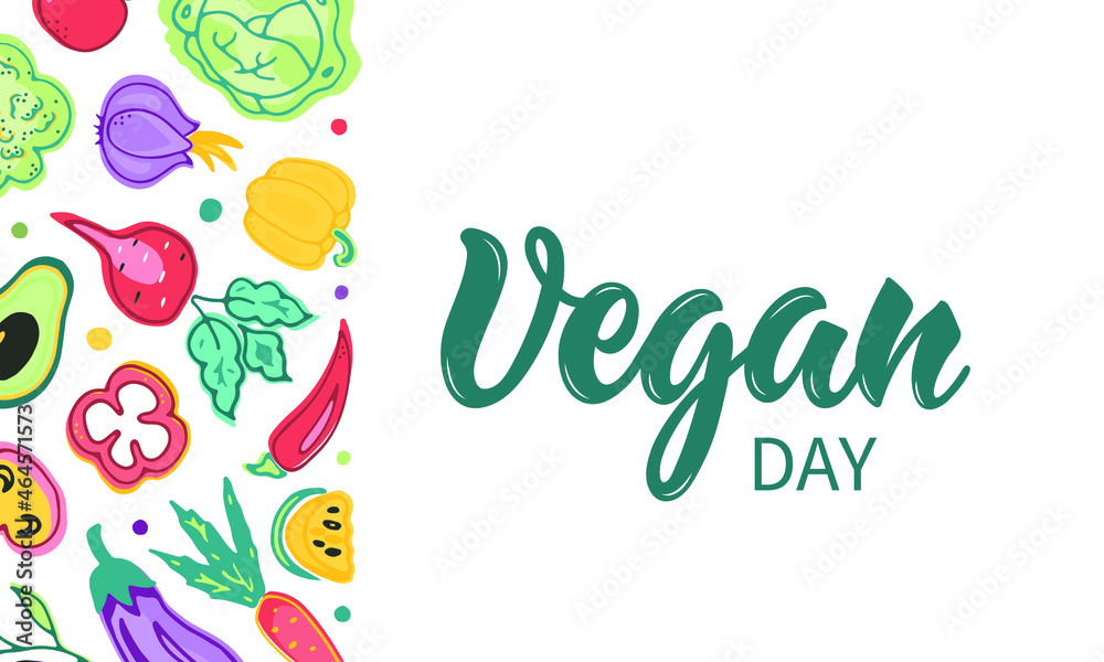 World Vegan day handwritten text, and border of vegetables isolated on white background. Hand drawn cute colorful illustration, doodle style, modern brush ink calligraphy, hand lettering, typography