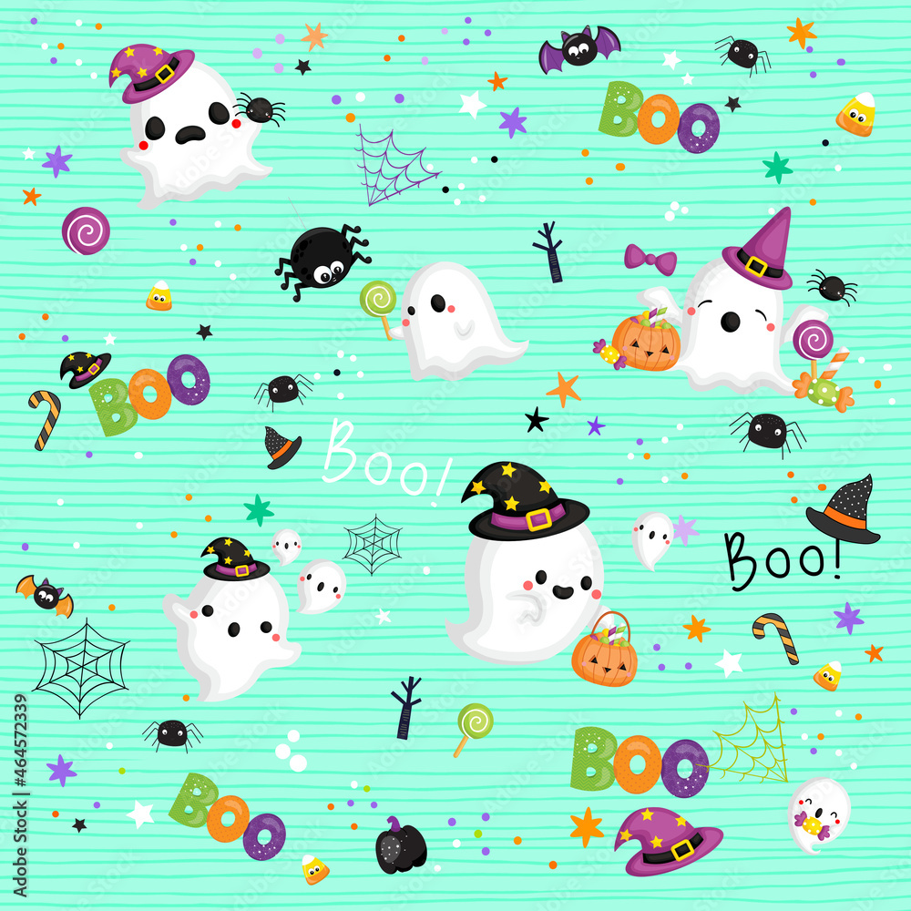 Obraz premium Cute Halloween Background, Cartoon wallpaper for Printable and Digital papers - Halloween Ghost, Bear, Black cat and Pumpkin