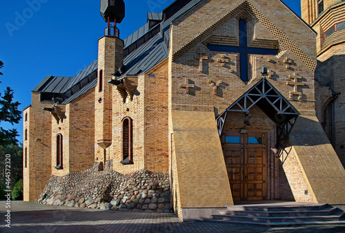 General view and close-up of architectural details of the Orthodox Church of the Resurrection built in the 1990s in the city of Białystok in Podlasie, Poland.