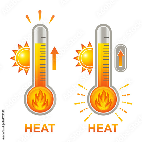 Hot thermometer with fire flame, high heat temperature, extreme overheating icon set. Glass mercury bulb with measuring sсale, sun. Warm summer weather. Temp gauge indicator or control heating. Vector