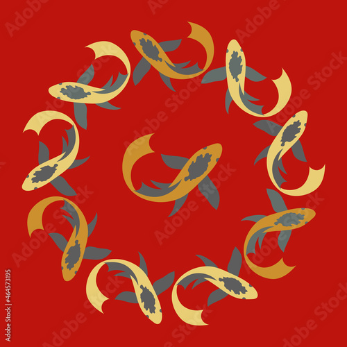 Fish round pattern. Vector border with koi Carp.