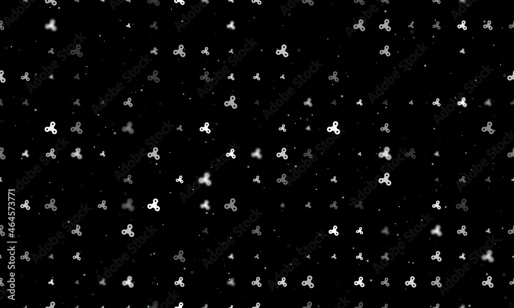 Seamless background pattern of evenly spaced white spinner symbols of different sizes and opacity. Vector illustration on black background with stars