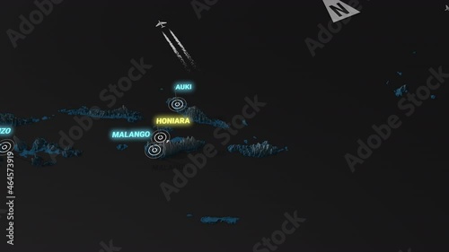 Seamless looping animation of the 3d terrain map at nighttime of Solomon Islands with the capital and the biggest cites in 4K resolution photo