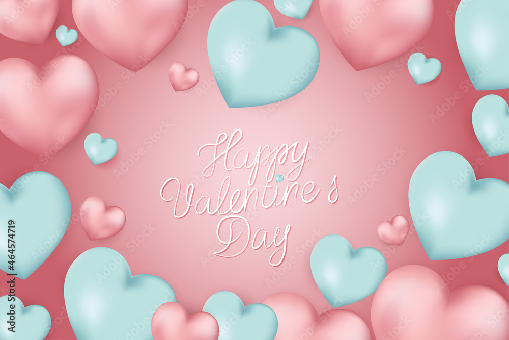 Vector. Romantic design for Valentine's Day. Realistic 3d blue and pink heart shaped gel balloons. Handwritten text. Festive banner, web poster, flyer, stylish brochure, postcard, cover, background.