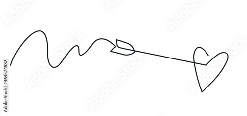 Continuous line drawing of arrow in center of heart. Template for your design works. Vector illustration.