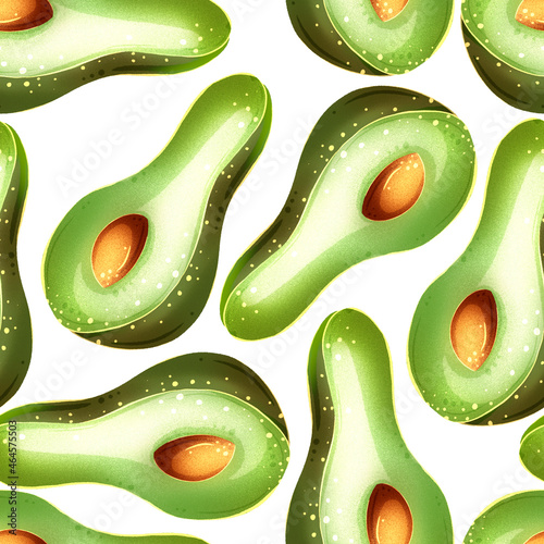 Fotografie seamless pattern of halved avocado on white background, texstille and printed ma