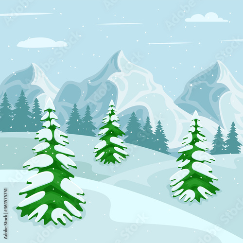 Snowy winter landscape with mountains, vector illustration