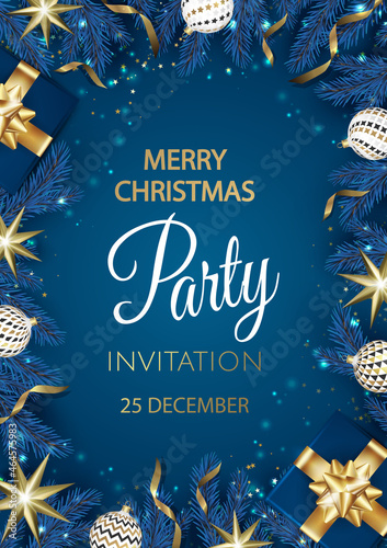 Merry Christmas Party invitation. Happy New Year card Decoration. Winter background. Seasonal holidays.