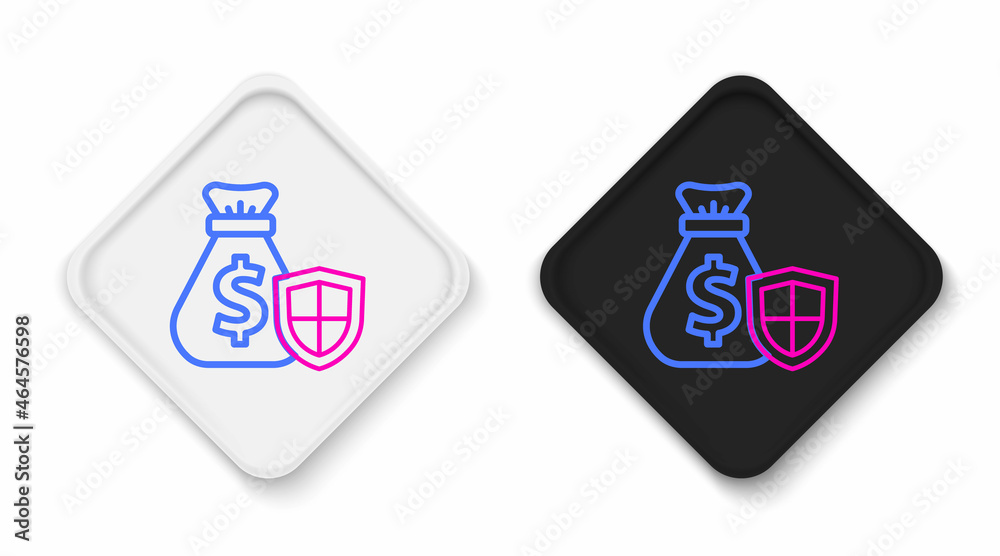 Line Money bag with shield icon isolated on white background. Insurance concept. Security, safety, protection, protect concept. Colorful outline concept. Vector Line Money bag with shield icon isolated on white background. Insurance concept. Security, safety, protection, protect concept. Colorful outline concept. Vector