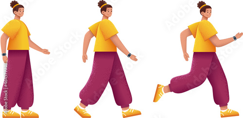 Girl in a yellow T-shirt and burgundy pants in a flat style, performing movement, running