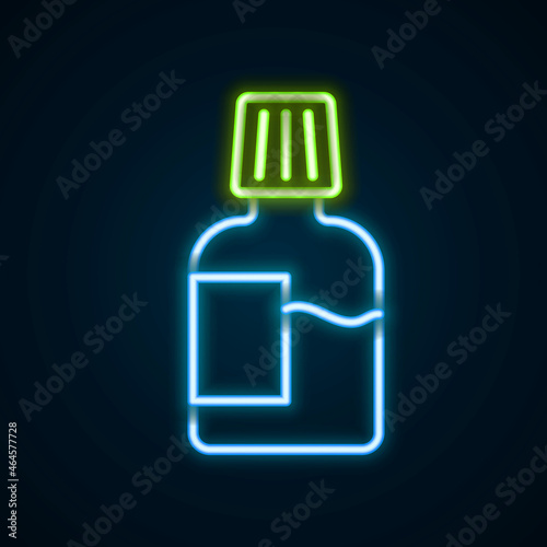 Glowing neon line Mouthwash plastic bottle icon isolated on black background. Liquid for rinsing mouth. Oralcare equipment. Colorful outline concept. Vector