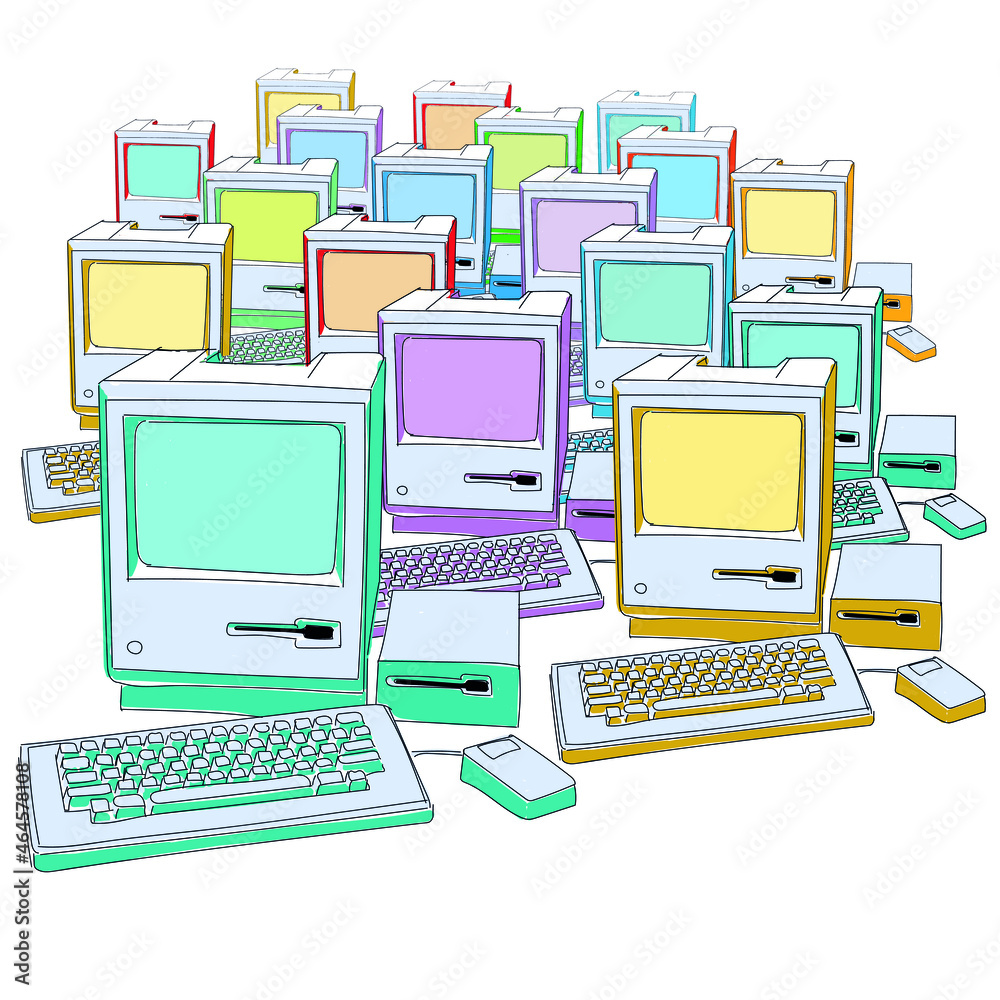 Vector illustration with drawing of old computers with keyboard and mouse. Vector illustration with drawing of old computers with keyboard and mouse.