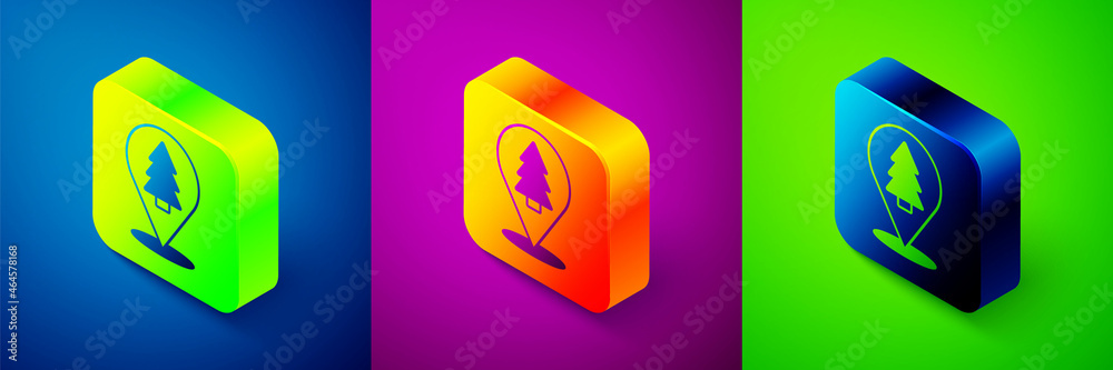 Isometric Christmas tree icon isolated on blue, purple and green background. Merry Christmas and Happy New Year. Square button. Vector Isometric Christmas tree icon isolated on blue, purple and green background. Merry Christmas and Happy New Year. Square button. Vector