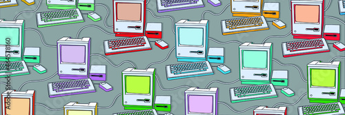 Vector illustration with drawing of old computers with keyboard and mouse.