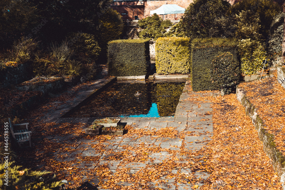 Autumn fountain in the historical garden Wentworth, England, UK
