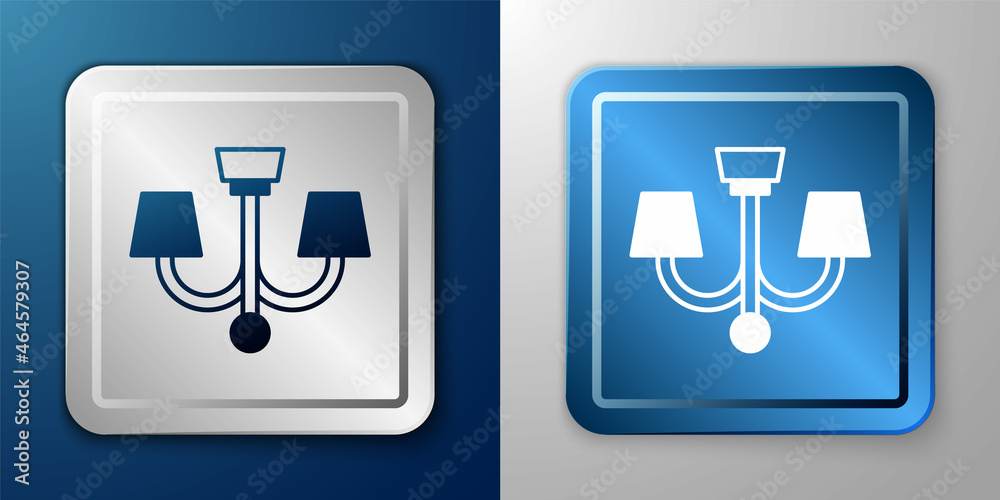 White Chandelier icon isolated on blue and grey background. Silver and blue square button. Vector White Chandelier icon isolated on blue and grey background. Silver and blue square button. Vector