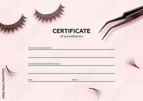 Diploma eyelash extensions. Makeup certificate template. Beauty school or refresher courses for beautician. Vector illustration