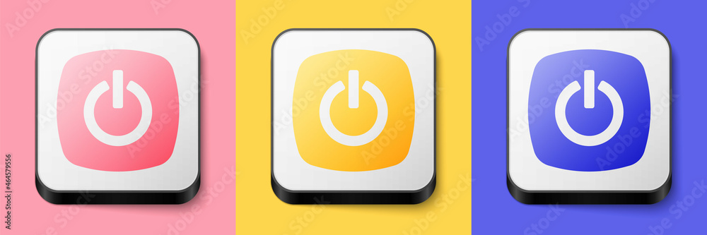 Isometric Power button icon isolated on pink, yellow and blue background. Start sign. Square button. Vector Isometric Power button icon isolated on pink, yellow and blue background. Start sign. Square button. Vector