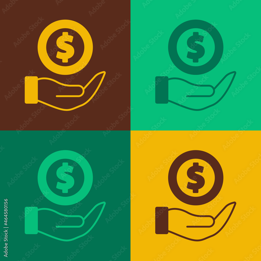 Pop art Money with shield icon isolated on color background. Insurance concept. Security, safety, protection, protect concept. Vector Pop art Money with shield icon isolated on color background. Insurance concept. Security, safety, protection, protect concept. Vector