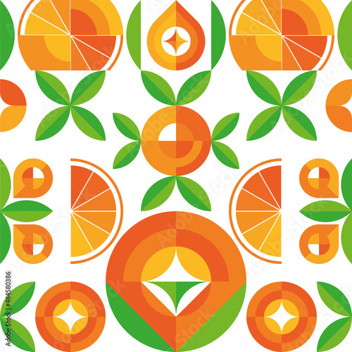 Orange fruit background with abstract geometric simbols of fruit, leaf, juice. Exotic tropical fruit pattern. Creative modern texture for packaging, paper, wall paper, textile, fabric, identity