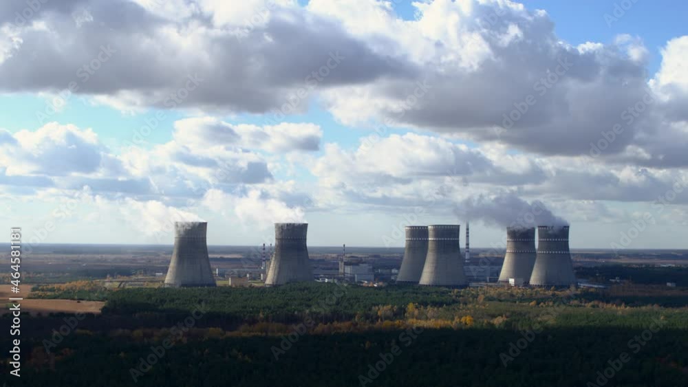 Nuclear power plant and cooling towers aerial view Nuclear power plant and cooling towers aerial view