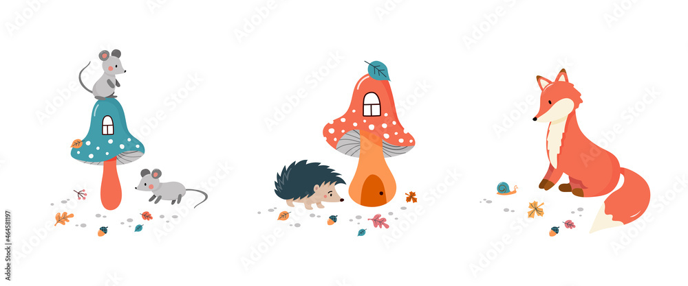Set of cute cartoon mouses, hedgehog and fox print. Childish print for nursery, kids apparel,poster, postcard.