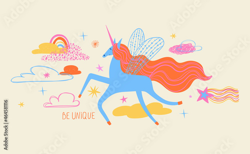 Illustration of unicorn flying in the sky.