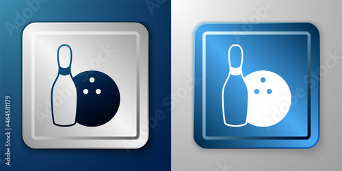 White Bowling pin and ball icon isolated on blue and grey background. Sport equipment. Silver and blue square button. Vector